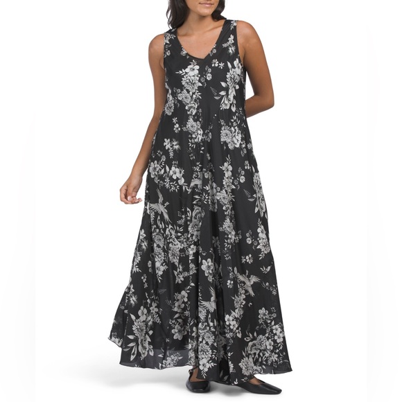 JOHNNY WAS DREAMER SILK BIAS DRESS FLORAL PRINT BLACK MAXI SUMMER DRESS V-NECK - Picture 6 of 8